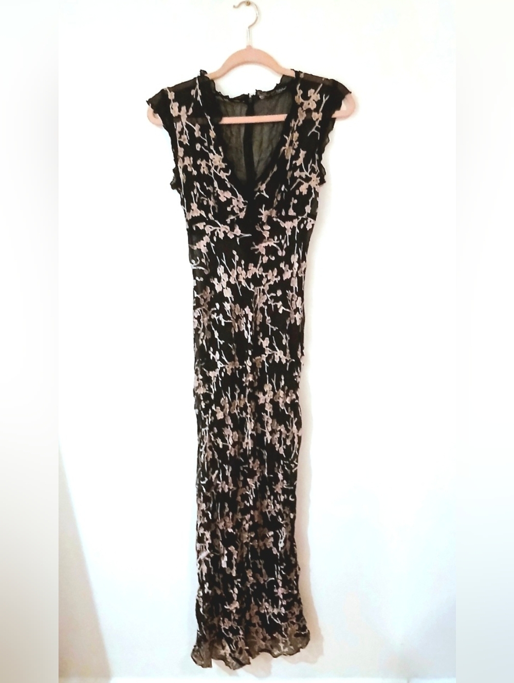Vintage Betsey Johnson New York Sheer Silk Dress Black Floral Mesh Bias Cut S/M
